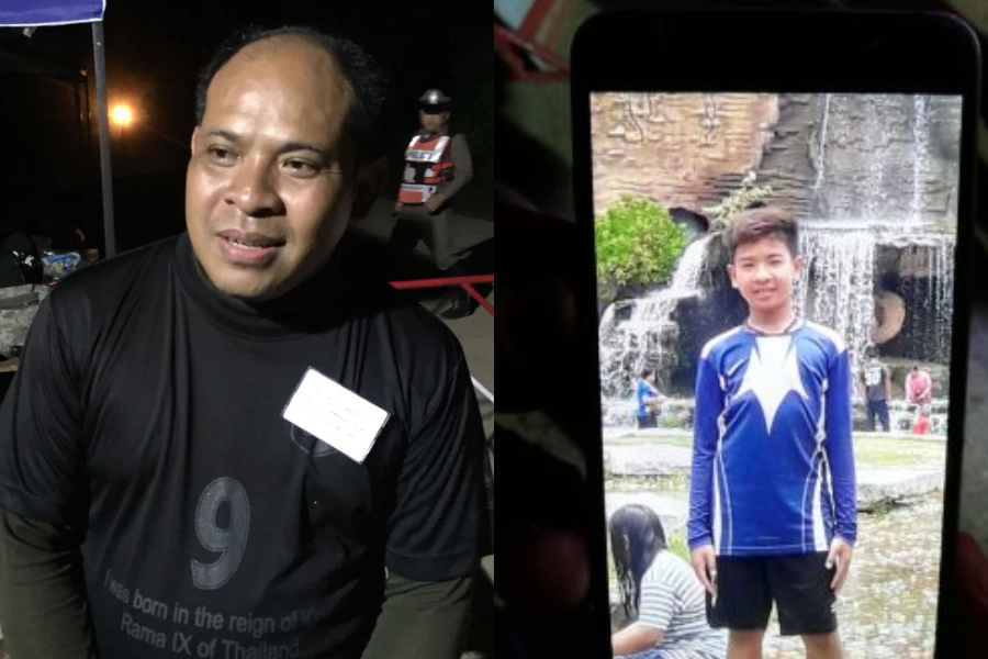 Split image: On the left, a man wearing a black shirt with a name tag and the number 9 stands outside at night, looking concerned, while a police officer is visible in the background. On the right, a phone screen displays a smiling boy in a blue athletic shirt with a white star, posing in front of a waterfall in a park.