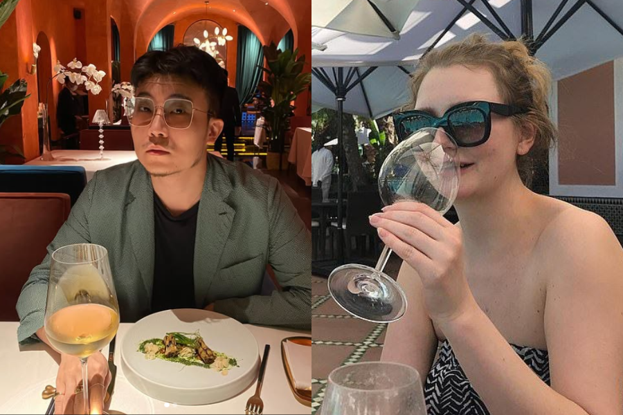 A split image showing two individuals enjoying meals and drinks: on the left, a man in glasses and a patterned blazer sits at a candlelit restaurant table with a plated dish and a glass of rosé; on the right, a woman in large sunglasses and a strapless outfit playfully drinks from an empty wine glass at an outdoor café.