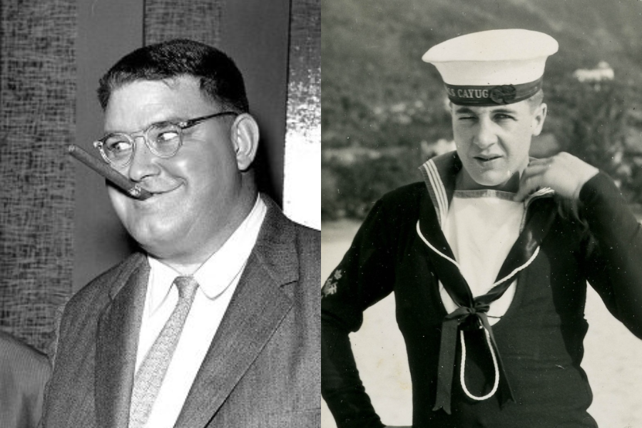 Side-by-side black and white photos: on the left, a cheerful man in a suit and glasses with a cigar held sideways in his mouth; on the right, a young man in a naval uniform and sailor cap labeled “HMS Cayuga,” posing with one hand behind his neck.