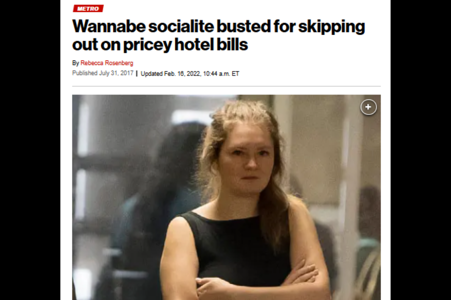 A news article screenshot featuring a headline that reads, “Wannabe socialite busted for skipping out on pricey hotel bills,” with a photo of a woman in a black sleeveless dress standing with her arms crossed and a stern expression. The article is credited to Rebecca Rosenberg and shows the publish and update dates.