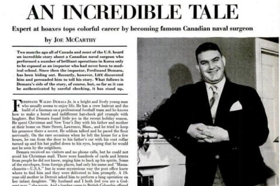 Magazine page titled "An Incredible Tale" featuring a story about Ferdinand Waldo Demara Jr., a notorious impostor known for posing as a Canadian naval surgeon. The layout includes a photo of Demara smiling in a suit, standing with hands clasped beside a mantle, alongside an article by Joe McCarthy.