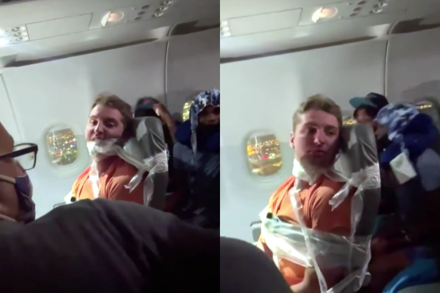 A man wearing an orange shirt is duct-taped to an airplane seat, with tape around his chest, shoulders, and mouth. The image is split into two frames showing different angles, with passengers nearby observing the situation.