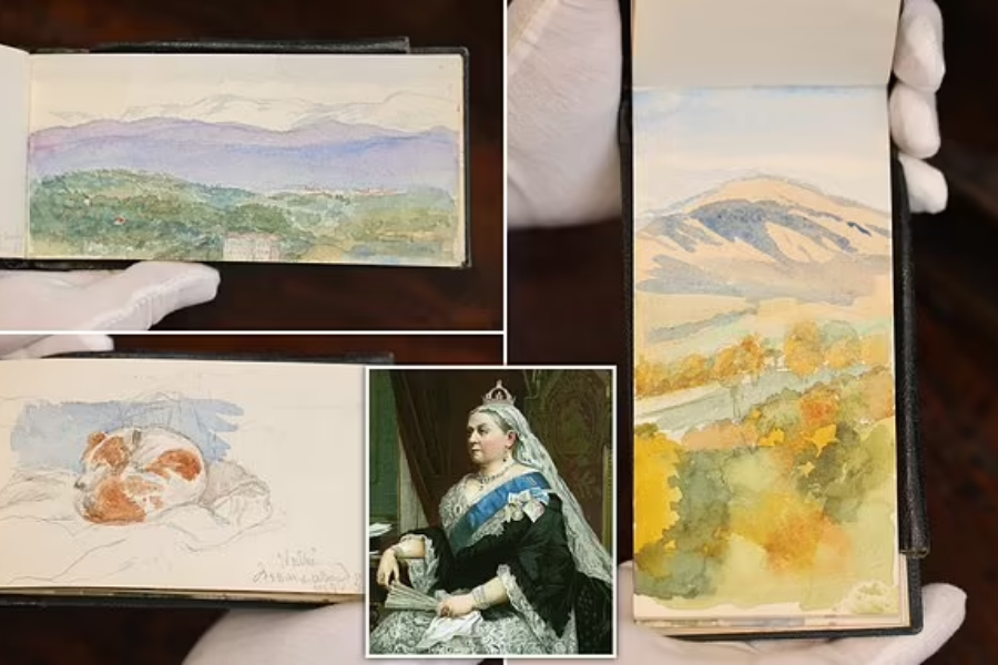 A collage featuring several delicate watercolor paintings from a small sketchbook, held by gloved hands. The artwork includes a serene landscape with purple mountains, a golden autumnal hillside scene, and a sketch of a curled-up brown and white dog. At the bottom center, there's a portrait of Queen Victoria, dressed in regal attire with a blue sash and crown, linking the artworks to her.