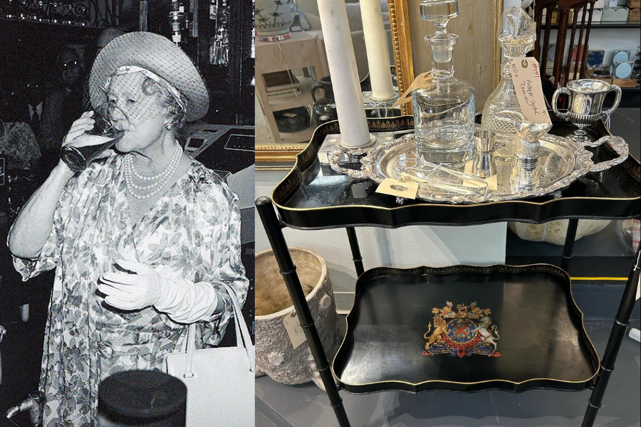 On the left, a black-and-white photo shows an elegantly dressed elderly woman wearing pearls, gloves, and a veiled hat sipping a drink, exuding vintage charm and confidence. On the right, a black lacquered bar cart with gold trim and the royal coat of arms on the lower shelf holds crystal decanters, silver barware, and a candlestick, suggesting a setting of refined entertaining.