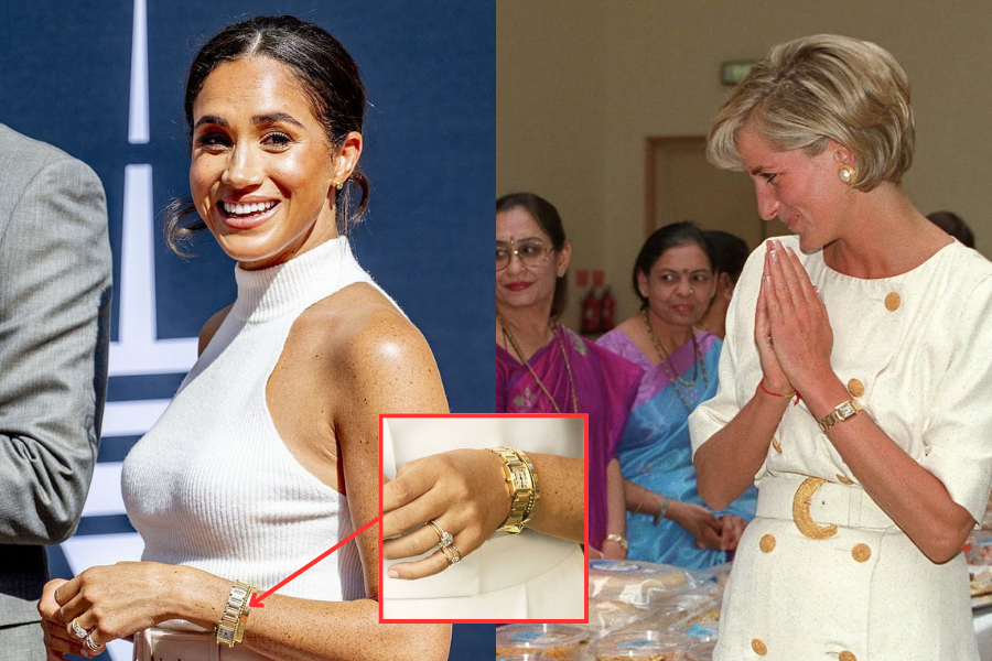 A side-by-side image comparison showing Meghan Markle wearing a white sleeveless turtleneck and smiling while sporting a gold bracelet, with a close-up inset highlighting the jewelry. On the right, Princess Diana is seen in a vintage photo with folded hands, wearing a white dress with gold buttons and the same distinctive gold bracelet, suggesting a sentimental or heirloom connection.
