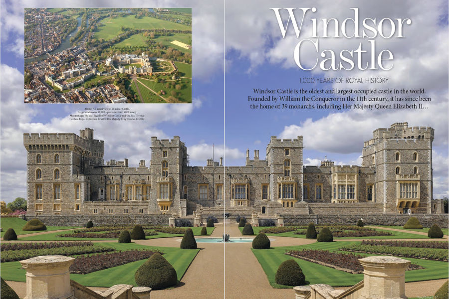 A wide-angle photo of Windsor Castle’s grand exterior, with its stately stone façade, towers, and manicured gardens under a blue sky with scattered clouds. An inset aerial view at the top left shows the full scale of the castle complex surrounded by lush greenery and the River Thames. Text beside the image describes Windsor Castle as the oldest and largest occupied castle in the world, highlighting its royal heritage and continuous use since the 11th century.