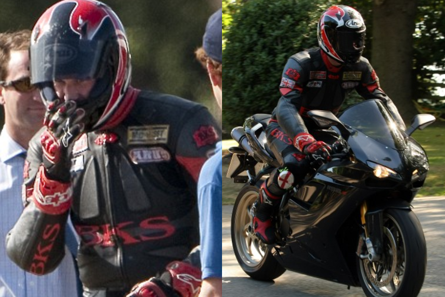 Side-by-side images of a motorcyclist wearing a full black and red leather racing suit branded "BKS," along with a matching helmet and gloves. In the left image, the rider is adjusting their helmet while surrounded by people, and in the right, they are in motion riding a sleek black sports motorcycle, fully geared up with racing patches and knee sliders featuring the flag of England.