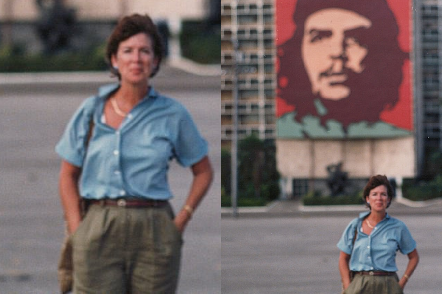Two side-by-side photos of a woman standing in a plaza, wearing a blue short-sleeved shirt and olive trousers with her hands in her pockets. In the right image, she is positioned in front of a large mural of Che Guevara on a government building, likely Havana’s Plaza de la Revolución.