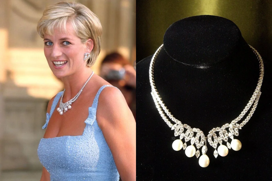 On the left, Princess Diana is seen smiling in a pale blue textured evening gown, accessorized with a dazzling diamond and pearl necklace and matching earrings. The right image shows a close-up of the same necklace displayed on black velvet—featuring a double row of diamonds with cascading teardrop pearls and leaf-like diamond clusters.