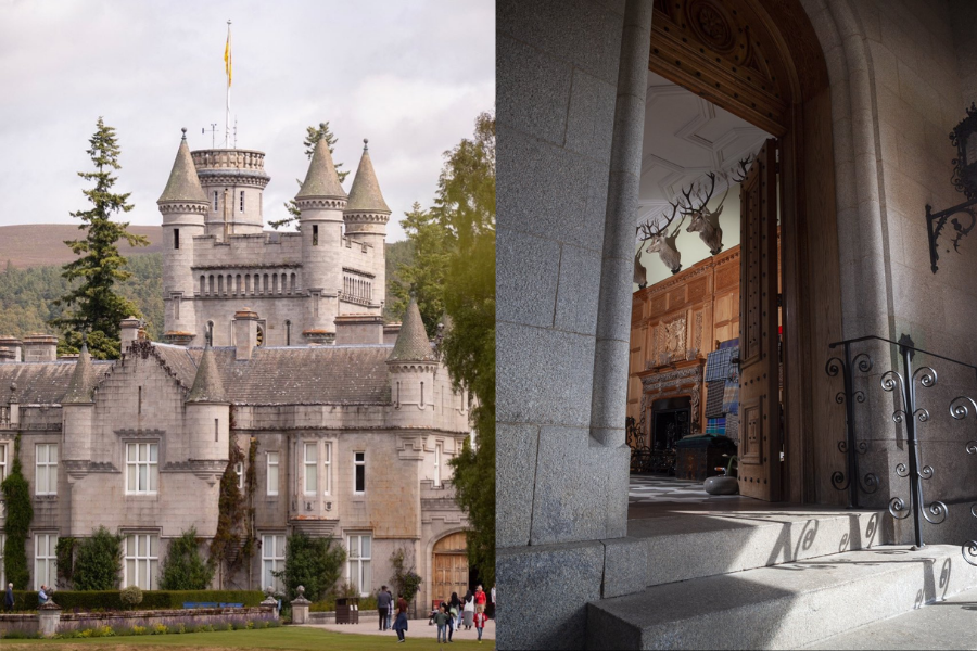 Side-by-side images of Balmoral Castle in Scotland. The left image shows the castle’s grey stone facade with turrets, surrounded by trees and visitors walking on the lawn. The right image offers a peek inside through a grand arched doorway, revealing a stately interior with mounted stag heads and ornate wood paneling above a fireplace.