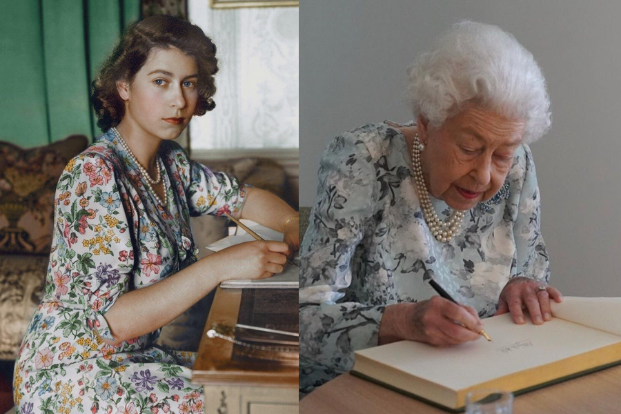 Side-by-side images of Queen Elizabeth II at two different stages of life. On the left, a young Elizabeth in a floral dress and pearl necklace poses elegantly at a desk with a pen in hand. On the right, in her later years, she is photographed intently signing a large book while wearing a soft blue floral dress and her signature pearls.