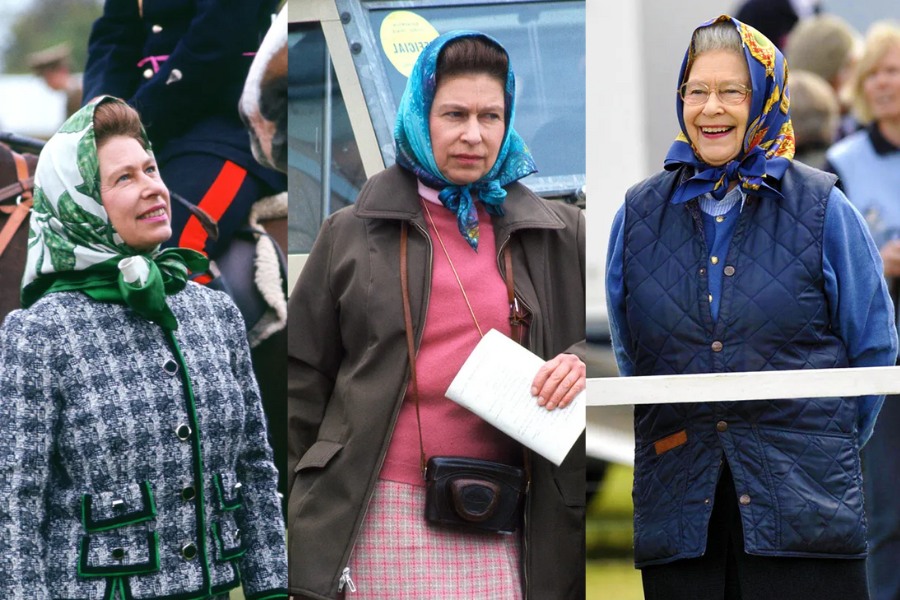 Three candid images of Queen Elizabeth II over the years, each showing her dressed in practical outdoor attire with her signature headscarf tied under the chin. She wears a green patterned scarf with a tweed coat, a teal and orange scarf with a brown jacket and pink sweater, and a blue and yellow scarf with a quilted vest, smiling warmly in the rightmost image.