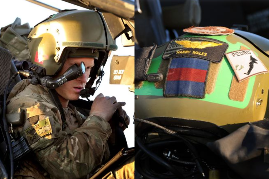 On the left, a military pilot in full camouflage gear adjusts his headset inside a helicopter, wearing a tactical helmet equipped with mounted optics. On the right, a close-up of the same helmet shows Velcro patches including one that reads “HARRY WALES,” another with the nickname “PEDRO,” and insignia denoting aviation wings and military affiliation.
