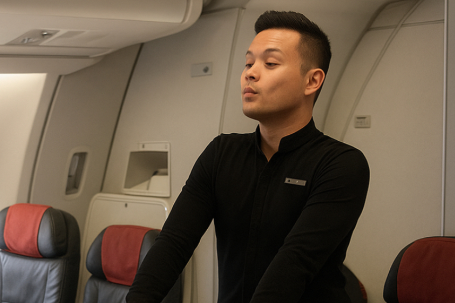A flight attendant wearing a black uniform stands at the front of the airplane cabin, appearing focused or mid-speech during an announcement or safety briefing. Red and black airplane seats are visible in the background.
