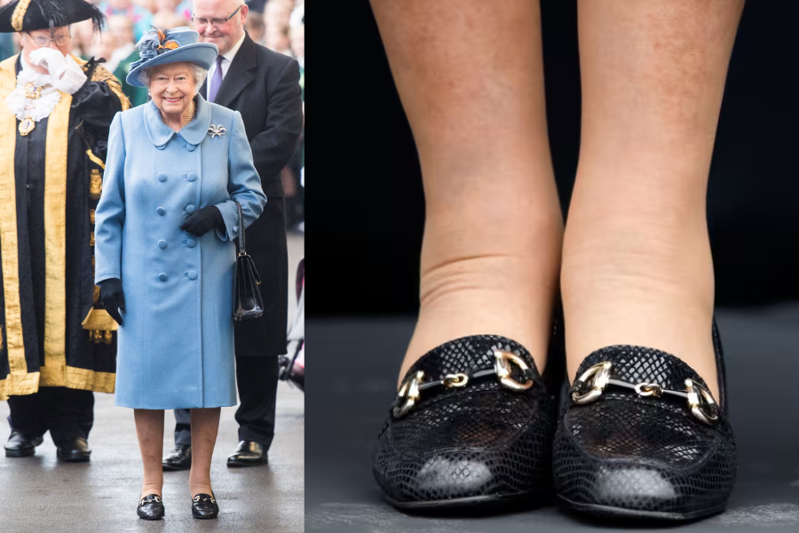 On the left, Queen Elizabeth II is seen smiling in a powder blue coat and matching hat adorned with a floral accent, black gloves, and a patent handbag, walking during a formal public engagement. On the right, a close-up shows a pair of her signature black leather loafers with a subtle snakeskin texture and gold horsebit detail.