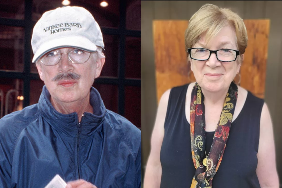 Side-by-side images of the same woman in different disguises. On the left, she wears a mustache, glasses, a white baseball cap, and a blue windbreaker, presenting as a man. On the right, she appears without disguise, wearing a sleeveless top and a patterned scarf, smiling confidently at the camera.