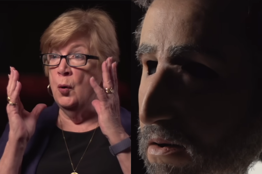Split-screen image showing a woman on the left animatedly describing something with wide eyes and raised hands, and a close-up of a realistic male disguise mask on the right, featuring a full beard, detailed skin texture, and hollow eyes.