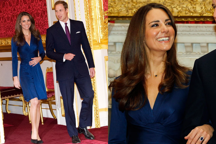 A woman wearing a deep sapphire blue wrap dress and black heels walks beside a man in a navy suit and burgundy tie, both smiling as they appear in a formal, gold-trimmed room. A close-up on the right shows her radiant smile, voluminous hair, and iconic blue sapphire engagement ring, highlighting the elegance of the occasion.