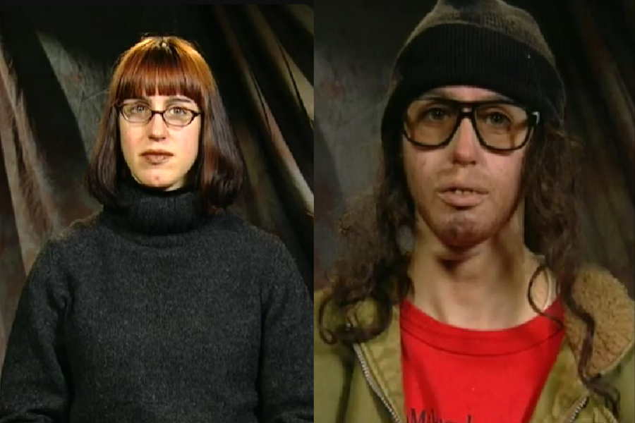 Side-by-side images showing the same woman before and after a dramatic disguise transformation. On the left, she appears with a neat bob haircut, glasses, and a dark turtleneck sweater. On the right, she is heavily disguised as a scruffy man with long hair, a black beanie, oversized glasses, and fake facial hair, wearing a red shirt and olive jacket.