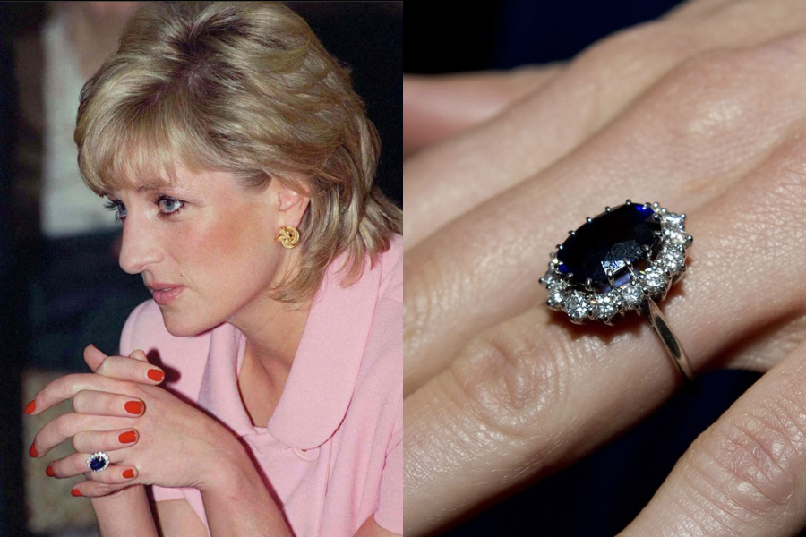 On the left, Princess Diana is seen in a thoughtful pose wearing a soft pink blouse, gold earrings, and her iconic sapphire engagement ring. On the right is a close-up of the same ring—a deep blue oval sapphire surrounded by a halo of brilliant-cut diamonds, set on a silver band.