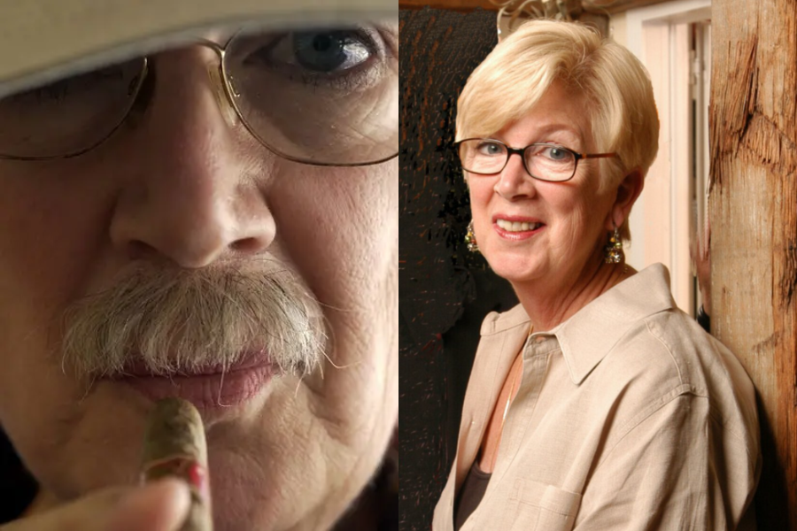 Side-by-side images of the same woman in and out of disguise. On the left, she is disguised with a hat, glasses, mustache, and holding a cigar, portraying an older man. On the right, she appears as herself, smiling warmly in a beige blouse with earrings and glasses, standing by a rustic wooden post.