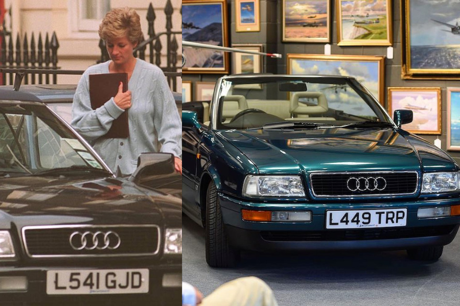 On the left, Princess Diana is seen walking past a dark green Audi convertible, holding a folder and dressed casually in a powder blue cardigan. On the right, a similar Audi Cabriolet with license plate “L449 TRP” is displayed in a gallery setting, surrounded by framed paintings, highlighting its historical significance as a car once driven by Diana.