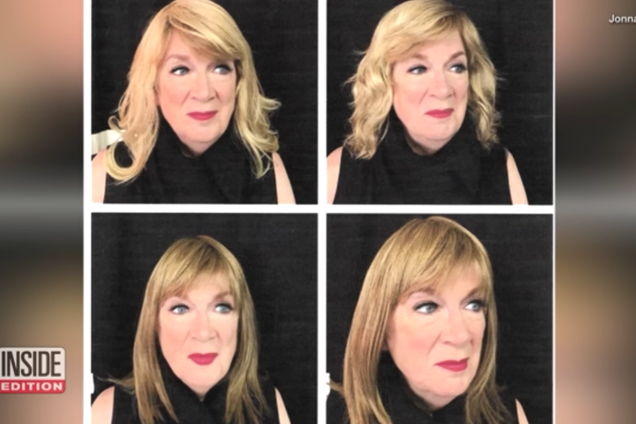 Four side-by-side photos show the same person in different feminine disguises, each with a distinct wig style and makeup look. All portraits feature the individual in a black sleeveless top against a dark background, captured in a range of expressions and angles.