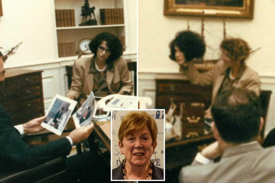 Composite image showing a woman in a tan blazer and glasses demonstrating spy disguises to two men in an office. In one photo, she is examining disguise photos; in the other, she holds up a wig and mask resembling her previous look. An inset image at the bottom center shows her in later years, smiling with short hair and earrings.
