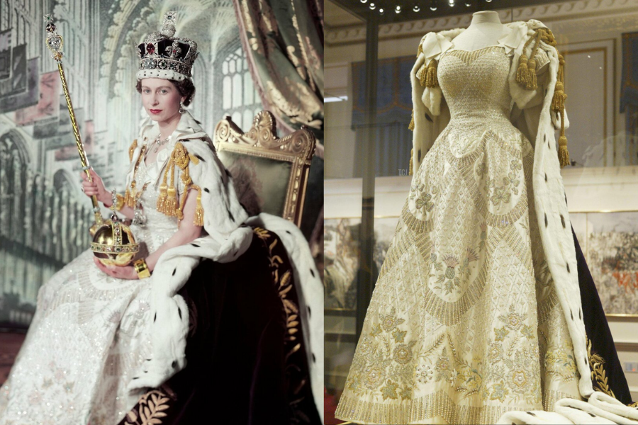 On the left, a young Queen Elizabeth II is seated in regal splendor wearing the Imperial State Crown, a lavishly beaded white gown, and an ermine-lined robe, holding the Sovereign's Orb and Sceptre. On the right, the coronation gown is displayed on a mannequin, showcasing its intricate embroidery of gold thread and floral emblems representing the United Kingdom and Commonwealth nations.