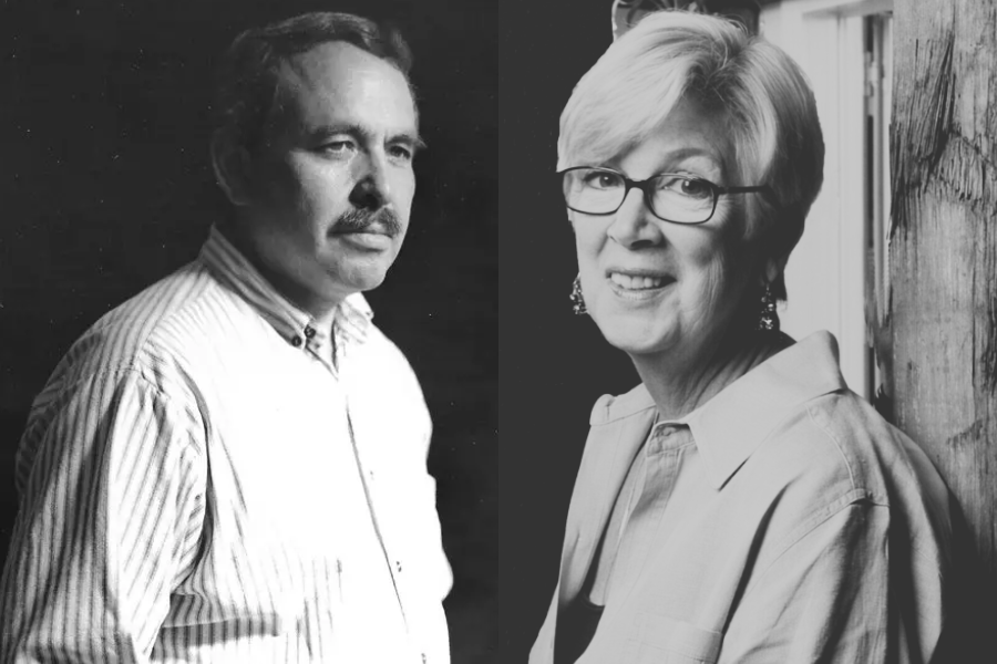 Black and white portrait diptych featuring a man on the left in a striped shirt with a serious expression, and a woman on the right in glasses and a light blouse, smiling while leaning against a wooden post near a window.