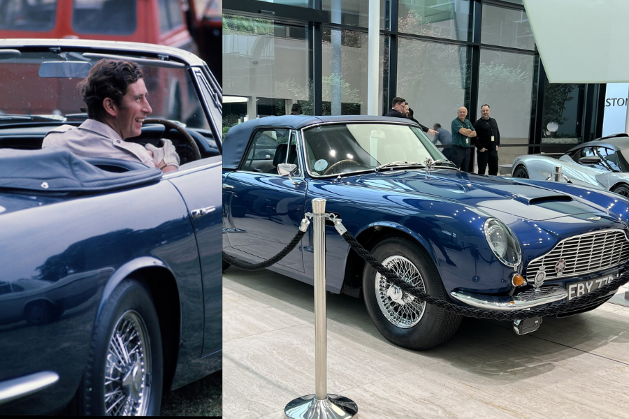A side-by-side comparison of a young man driving a classic navy blue Aston Martin convertible with the top down, and the same car displayed indoors behind a rope barrier. The vintage car features wire-spoke wheels, a polished chrome grille, and the license plate "EBY 776J," with admirers gathered around in the showroom.