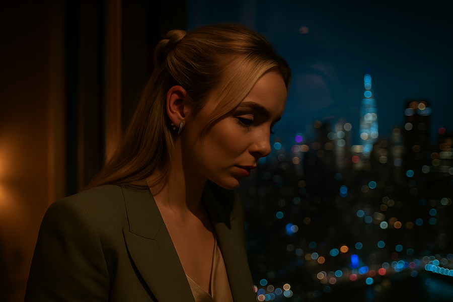 A woman with long blonde hair styled half-up stands indoors at night, gazing pensively downward. She wears a sage green blazer and a neutral blouse, with a softly lit city skyline and bokeh lights visible through a window behind her.