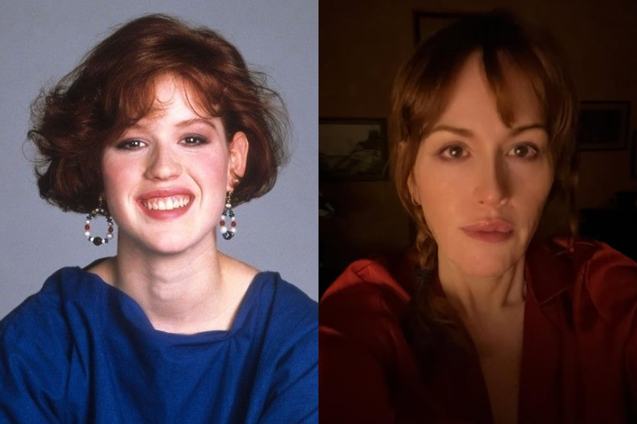 Side-by-side portrait of a woman at two different stages of life. On the left, a young woman with short red hair, hoop earrings, and a wide smile wears a blue top against a plain backdrop. On the right, the same woman later in life, with longer auburn hair and a serious expression, wears a red shirt and is lit dimly in a warmly lit room.