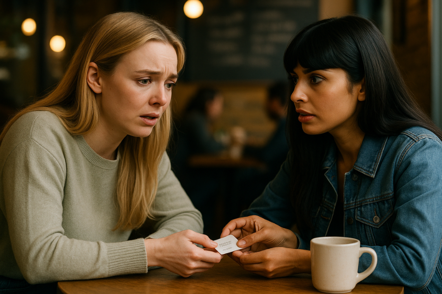 Two women sit at a café table, both looking serious and concerned as they hold a small business card together. One woman wears a light sweater, the other a denim jacket, and a coffee mug sits on the table between them.