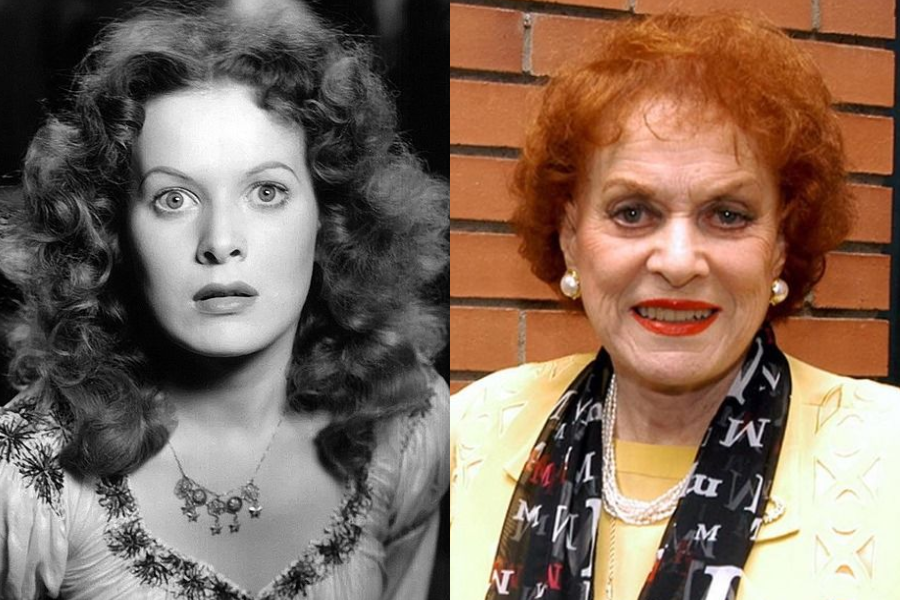 Maureen O’Hara in a vintage film still with voluminous curly hair and a startled expression, paired with a cheerful older image in a yellow outfit and red lipstick.