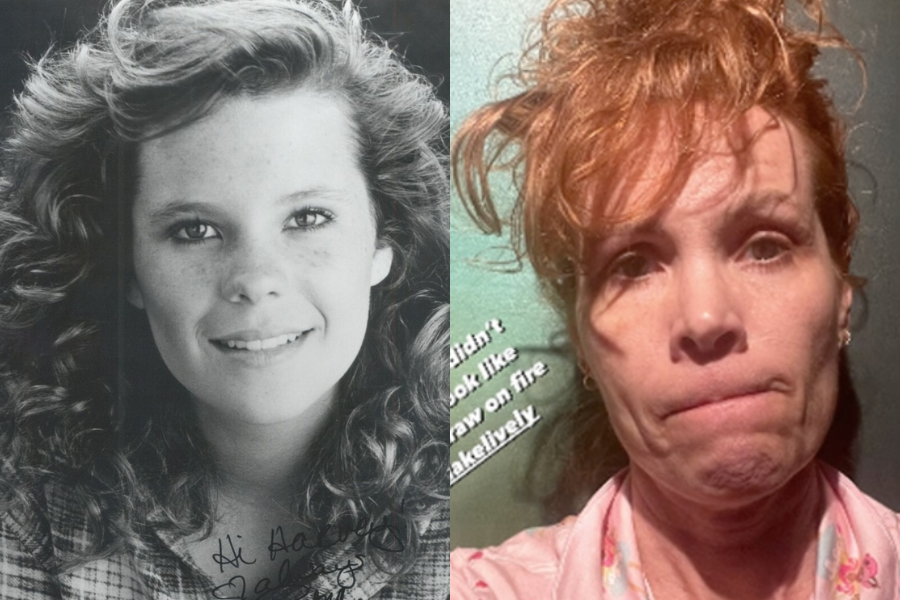Side-by-side images of a woman in her younger and older years. On the left, a black-and-white portrait features a young woman with voluminous curly hair, wearing a plaid shirt and smiling gently. On the right, she is older with reddish hair tied up messily, wearing a pink collared shirt and making a tight-lipped expression in front of a green wall with partially visible white text.