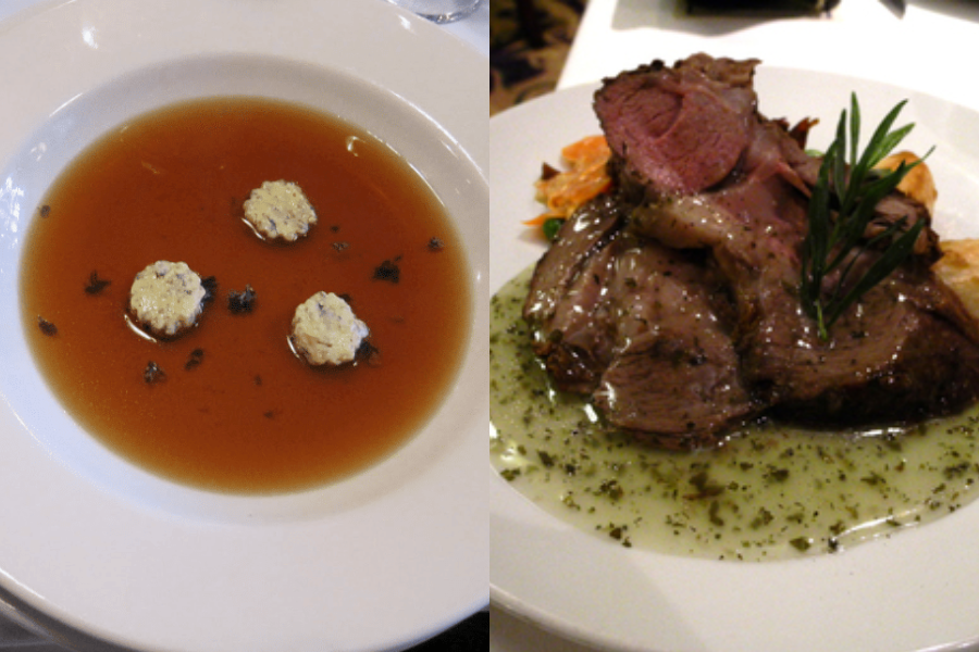 Side-by-side photo of a clear consommé soup with tapioca garnishes and a plate of sliced roast lamb with mint sauce and rosemary sprig.