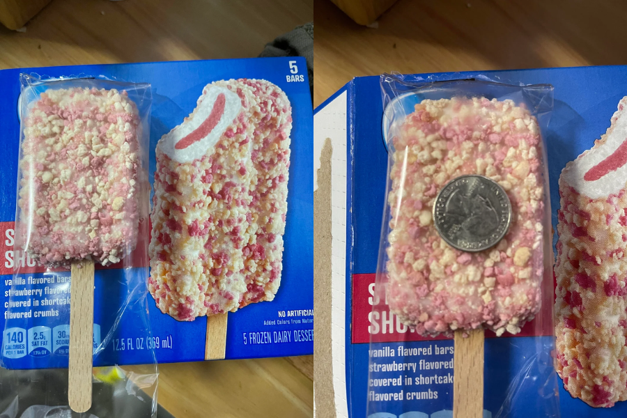Strawberry shortcake ice cream bar in plastic wrap shown against its packaging, with a second image showing the bar next to a quarter for scale, highlighting size difference from the box image.