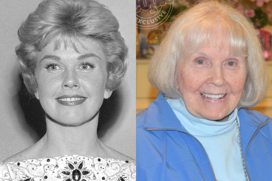 A side-by-side of Doris Day smiling brightly in a vintage black-and-white photo with a beaded neckline, and later in life wearing a blue jacket and turtleneck, still beaming.