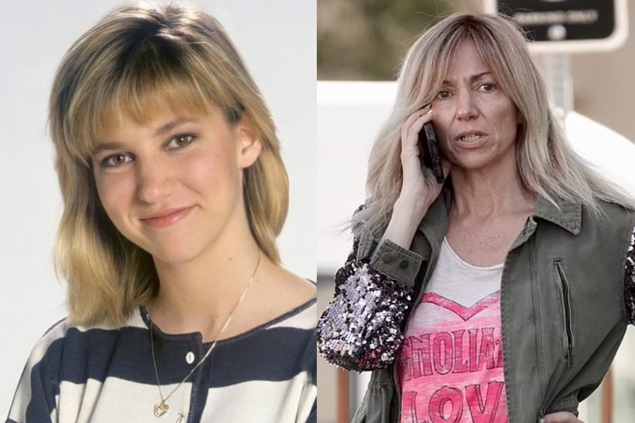 Side-by-side images of a woman in her youth and later in life. On the left, a teenage girl with blonde shoulder-length hair and bangs smiles softly, wearing a striped shirt and heart necklace. On the right, she is older with longer, straight blonde hair, talking on a cellphone while wearing a sequin-sleeved jacket over a graphic tank top that reads “California Love.”