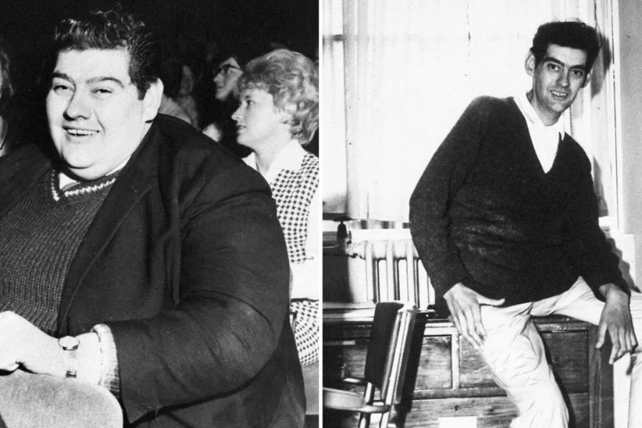 Side-by-side black and white photos of the same man before and after dramatic weight loss, smiling while seated in one image and standing lean against a desk in the other.