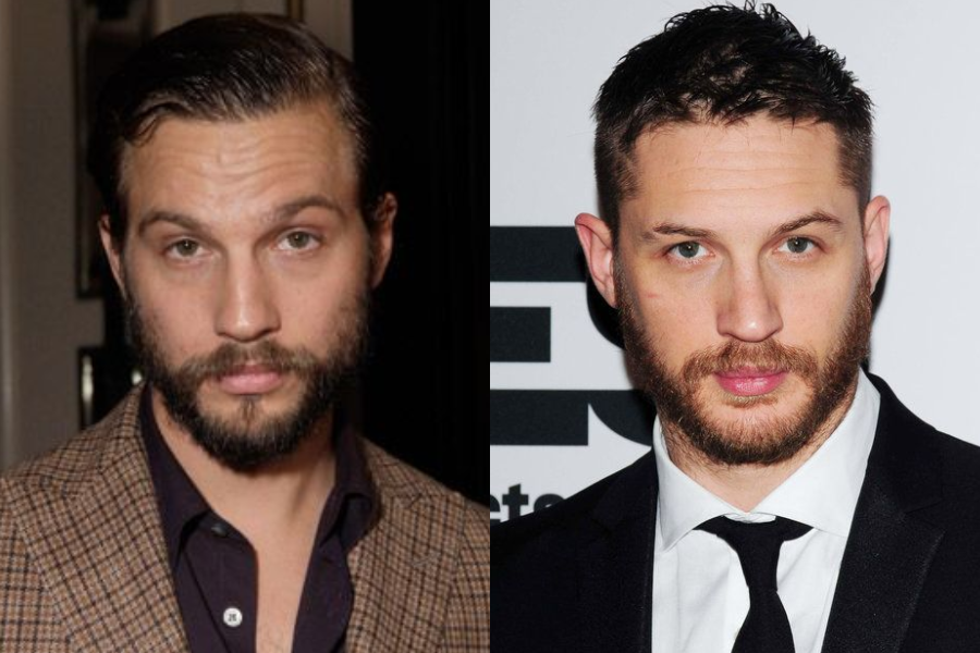 Side-by-side photo of two men with short dark hair and full beards, both giving serious expressions. The man on the left wears a brown plaid blazer over a dark shirt, while the man on the right wears a black suit and tie against a white backdrop with black text.