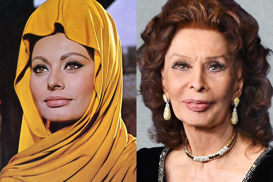 Sophia Loren in a dramatic yellow headscarf and winged eyeliner as a young woman, next to a recent portrait of her in elegant jewelry and styled curls.