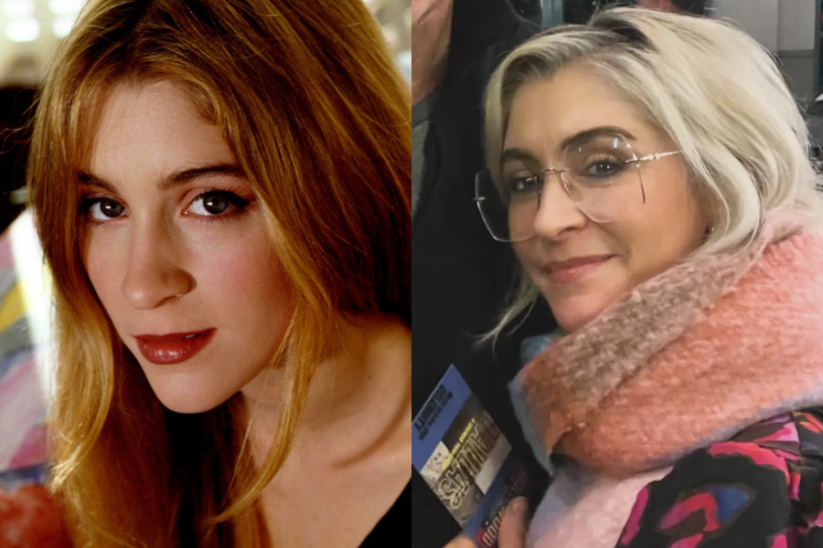Side-by-side images of a woman at two stages in life. On the left, a young woman with long strawberry blonde hair and bold red lipstick looks intently at the camera in a softly lit setting. On the right, she is older with short platinum blonde hair, wearing glasses and a large pink scarf, smiling slightly while holding a theater program.