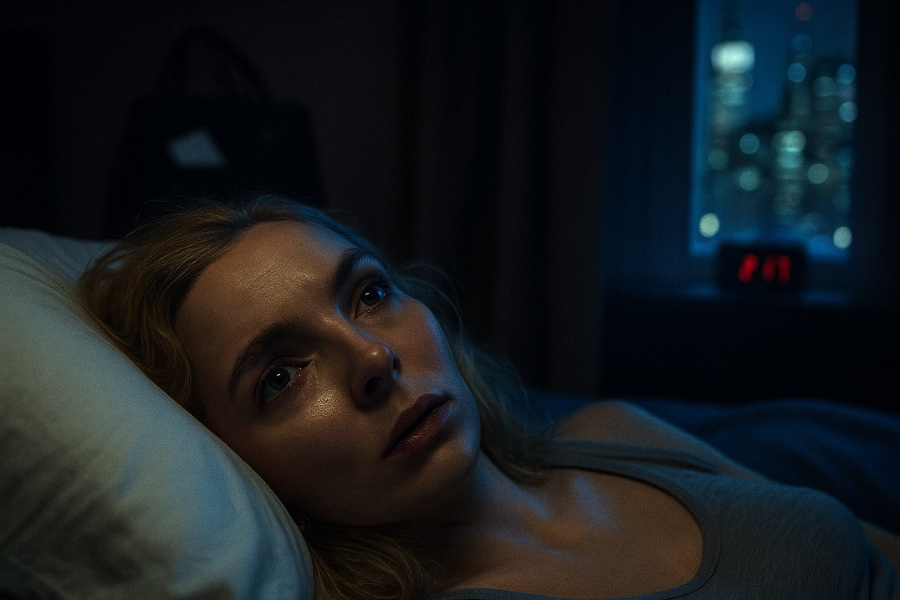 A woman lies in bed at night, staring thoughtfully into the distance with a tired and pensive expression. The room is dimly lit, with a city skyline visible through the window and an alarm clock reading 2:17 AM on the bedside table.