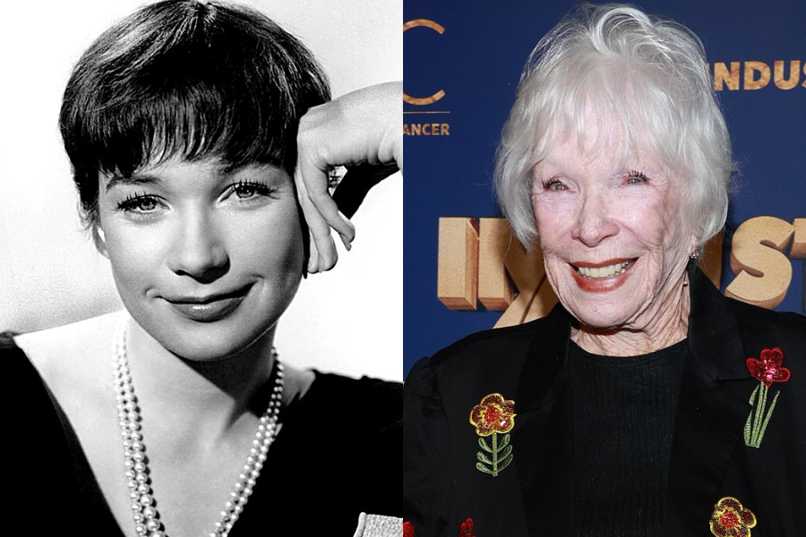 oung Shirley MacLaine with a playful smirk, short bangs, and pearls in a black-and-white studio photo, contrasted with a recent image of her smiling at an event.