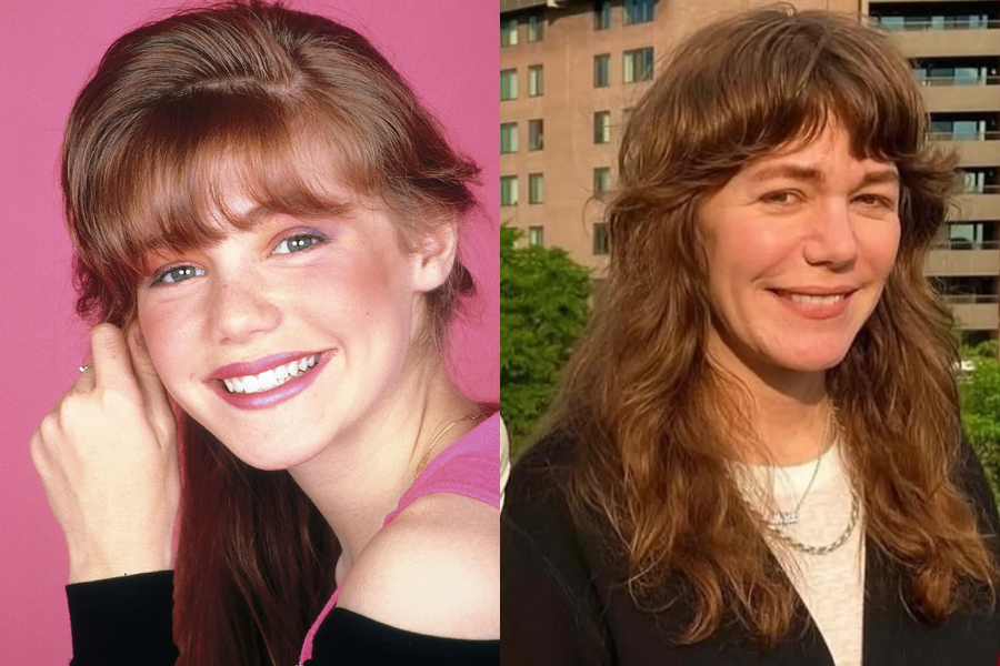 Side-by-side images of a woman as a teenager and as an adult. On the left, she smiles brightly with long red hair, bangs, and a pink top against a pink background. On the right, she is older with longer wavy brown hair and similar bangs, smiling gently outdoors in front of a city building and greenery.