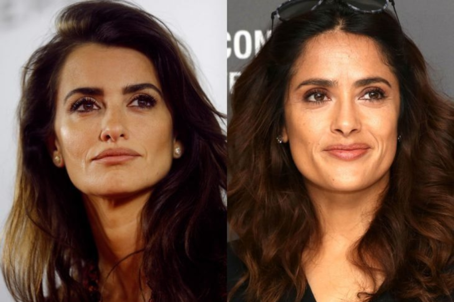 Side-by-side photo of two women with long, wavy dark hair, both wearing stud earrings and looking slightly off-camera with composed expressions. The woman on the left poses against a white backdrop, while the woman on the right is in front of a gray backdrop with white text.