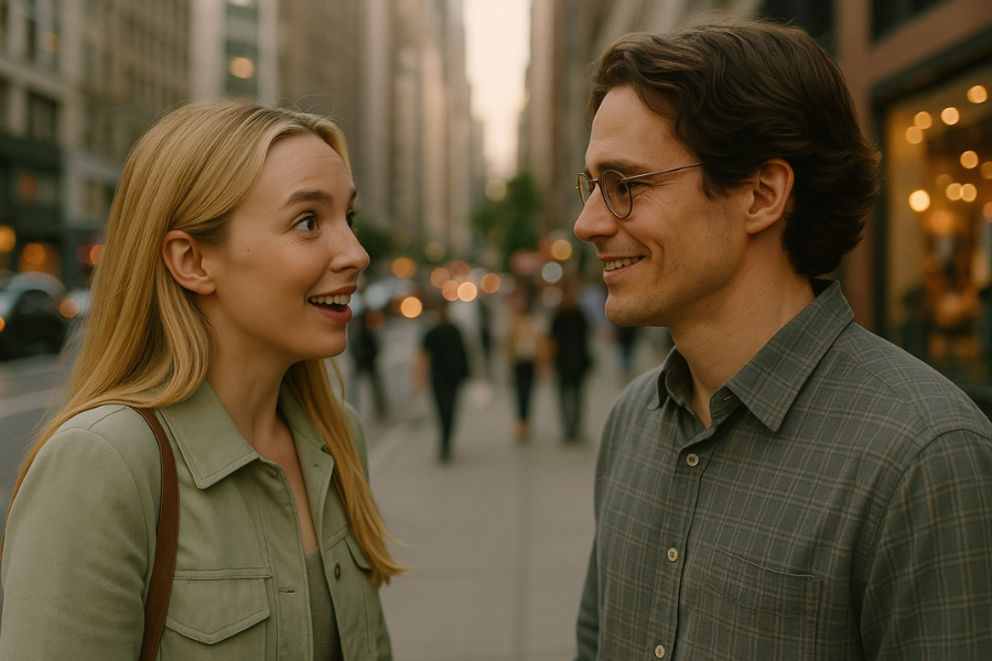 A smiling woman and man stand on a city sidewalk, engaged in an enthusiastic and cheerful conversation as evening approaches. The background shows blurred lights from shops and cars, with people walking along the street.