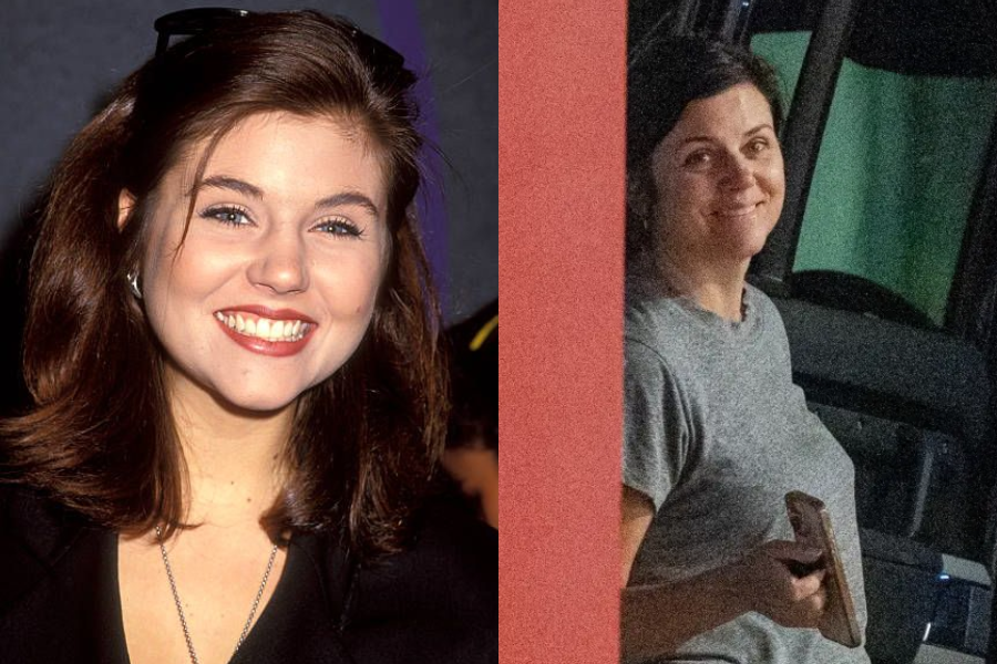 Side-by-side photos of a woman as a young adult and in a candid, older moment. On the left, she smiles brightly with shoulder-length brown hair, wearing a black top and a silver necklace. On the right, she appears older with darker hair pulled back, wearing a gray t-shirt and holding a phone while smiling casually near a vehicle.